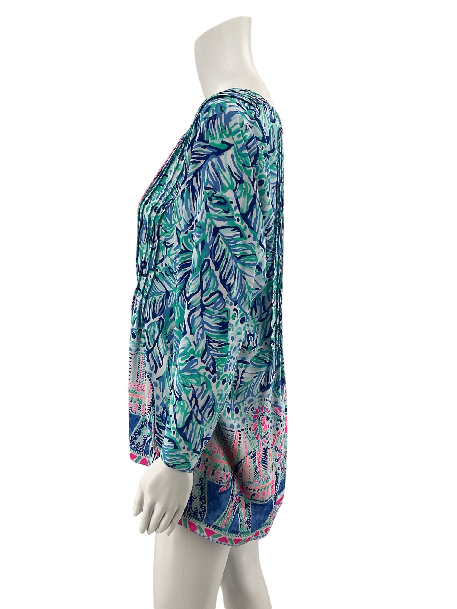 Lilly Pulitzer Tatum Tunic Top Multi Chin Chin Print V-Neck Tassel Blouse Size Large