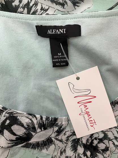 Alfani aqua and black floral blouse, scoop neck, casual pullover top in size medium for women.