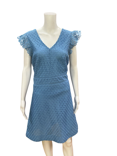 DRAPER JAMES Blue A-Line Blue Eyelet Flutter Sleeve Dress V-Neck NWT Size 14 - Size 14