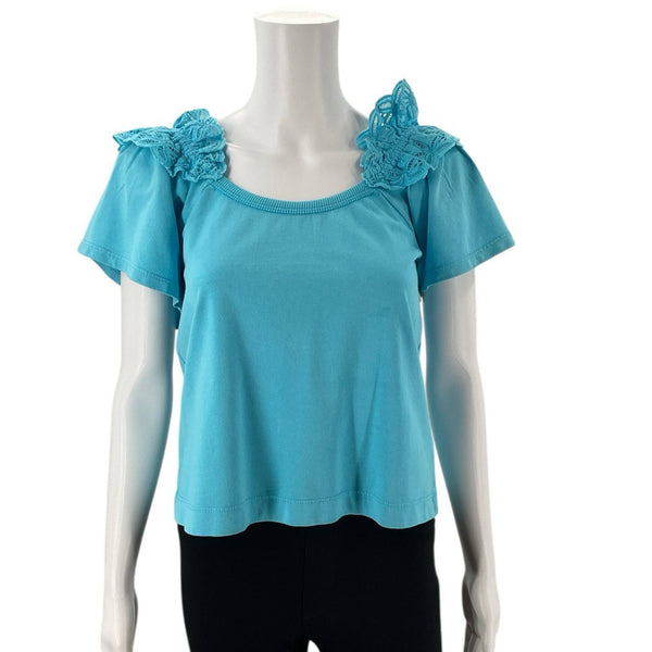 Pilcro Turquoise Lace Top - Size XS with floral lace shoulder accents, short sleeves, and scoop neckline, available at Margaret's Fine Consignment.