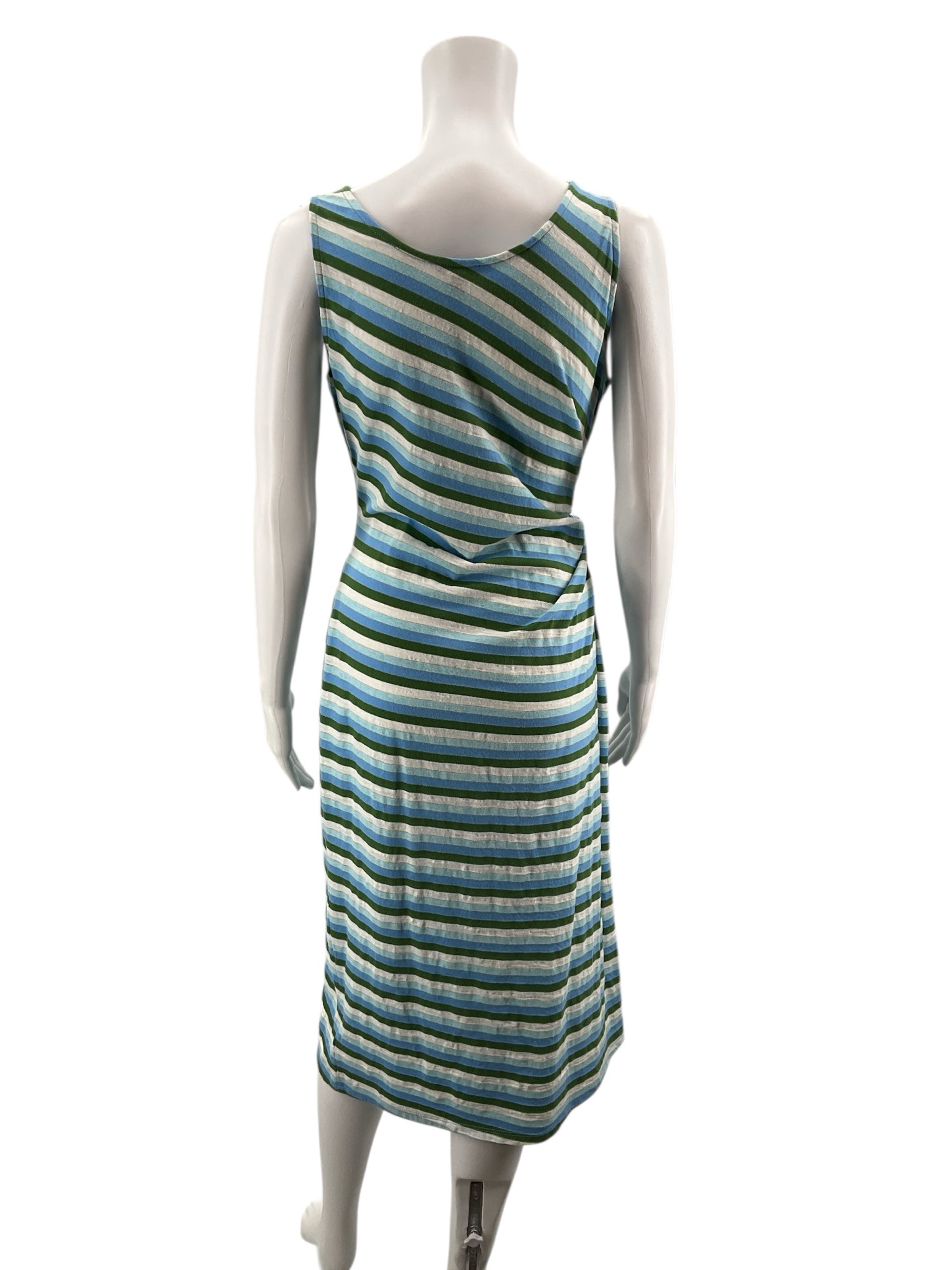 Talbots Aqua/White/Green Midi Striped Tie-Waist Midi Dress Metallic Knit Sleeveless Blue Green Medium - Size M