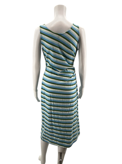 Talbots Aqua/White/Green Midi Striped Tie-Waist Midi Dress Metallic Knit Sleeveless Blue Green Medium - Size M