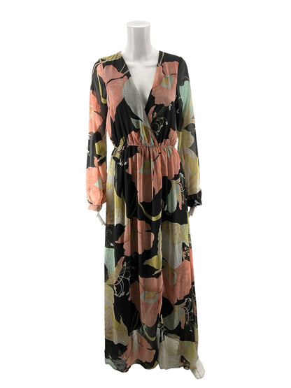 Lulus black/coral/aqua Maxi Still the One Black Floral Long Sleeve Maxi Dress Size Medium - Size M