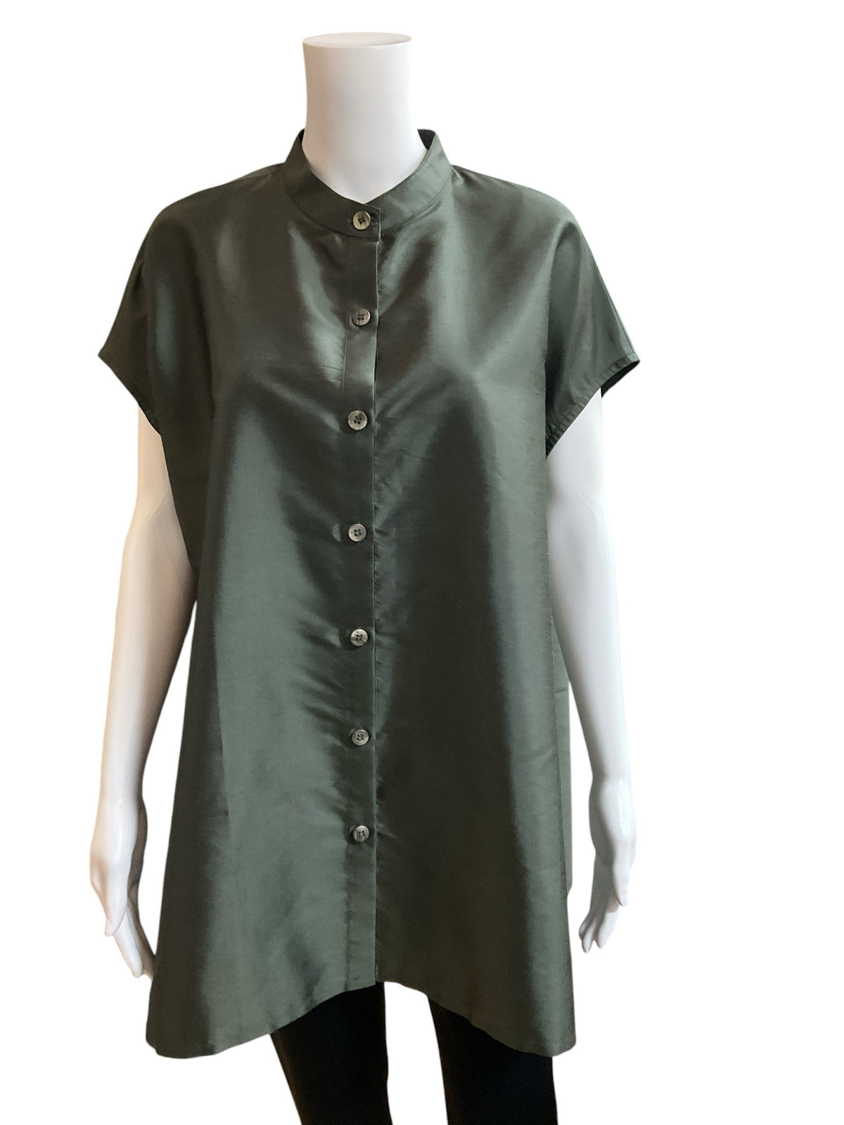 Shinawatra Thai Silk Mandarin Collar Tunic Top Olive Green Size 8/10 NWT - ONLINE ONLY