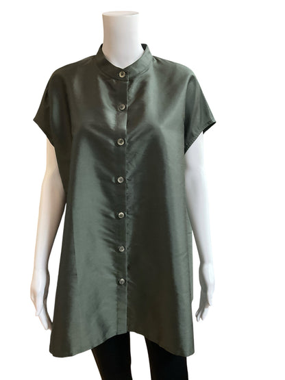 Shinawatra Thai Silk Mandarin Collar Tunic Top Olive Green Size 8/10 NWT - ONLINE ONLY