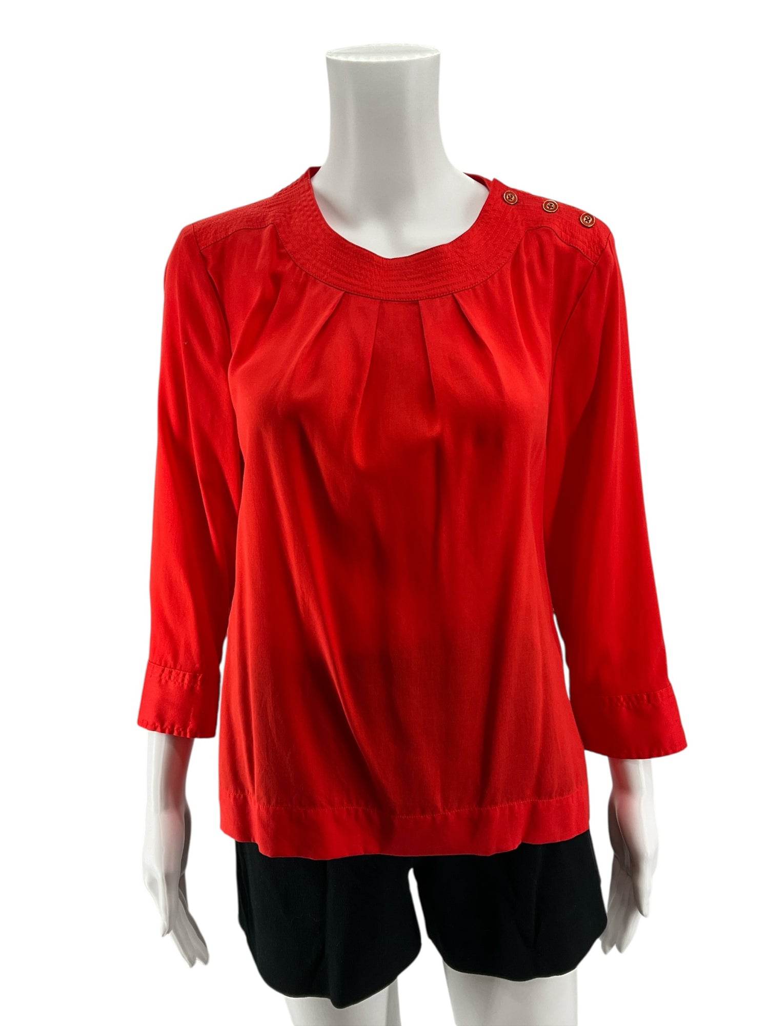 Talbots Petites Orange Tencel Blouse Size 10P Button Shoulder Roll-Tab Sleeve Top