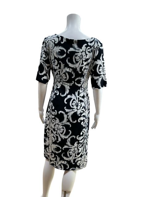 Connected Apparel Margaret Ruched Sheath Dress Navy Baroque Print Size 8