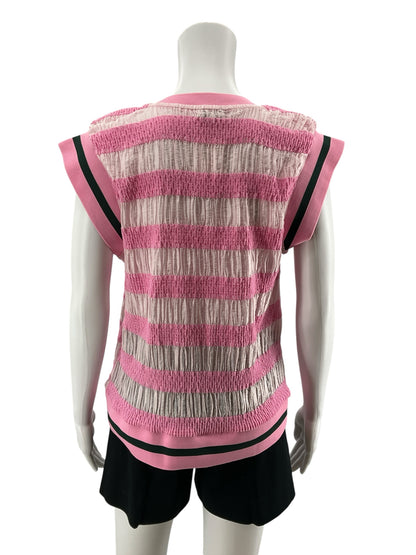 Voy Pink &amp; Ivory Striped Mixed Media Tencel Blend Cap Sleeve Top Size Large