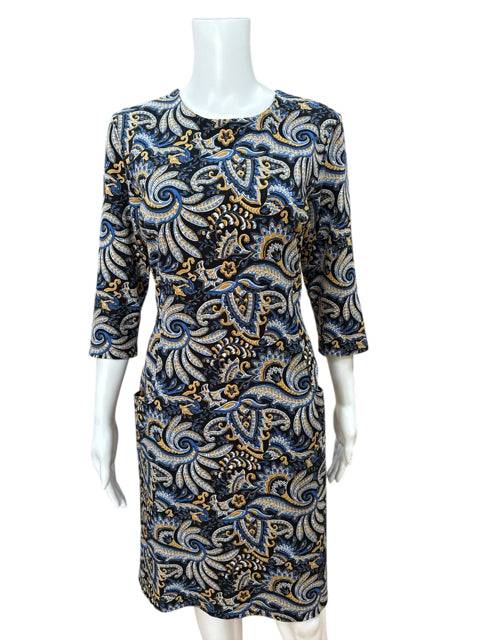 Front view of J Mclaughlin Crew Neck Dress Size Large in black, blue, and tan paisley pattern, showcasing 3/4 sleeves and fitted silhouette.