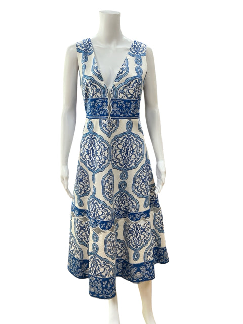 Aylaya Blue &amp; White Tile Print Cotton Midi Sundress NWT | Size Medium