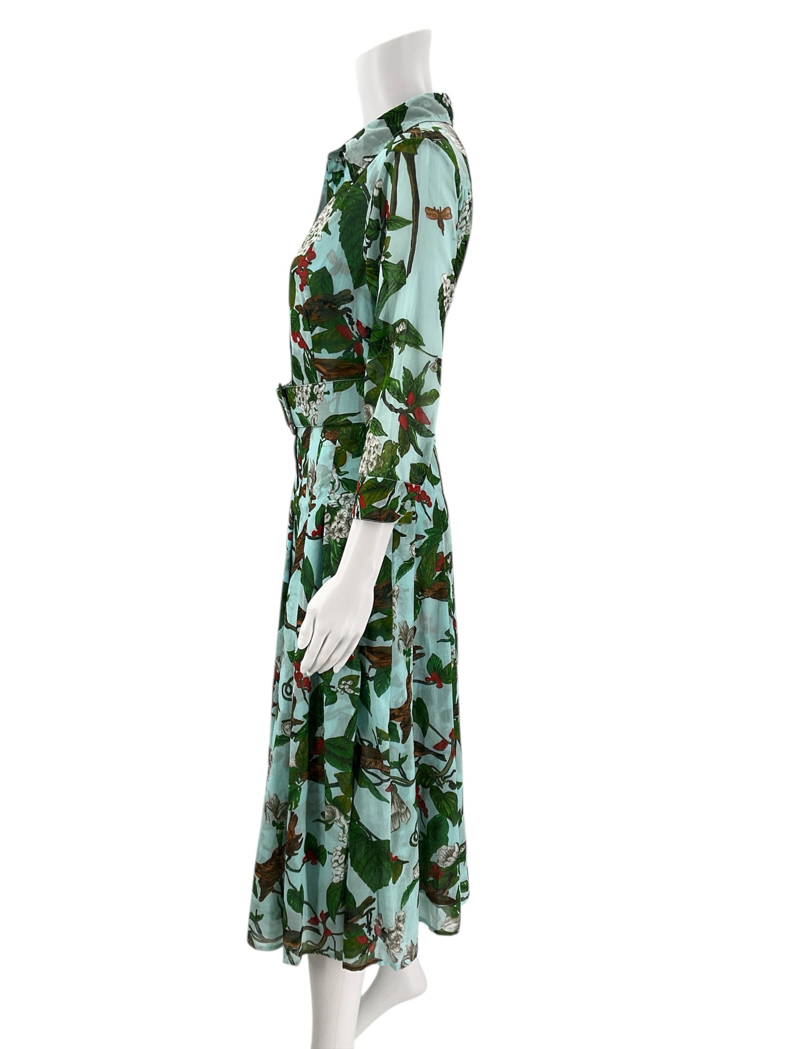 Side profile of Samantha Sung Aqua/Green Floral Maxi Dress Size 4 showcasing its flowing silhouette and detailed floral pattern.