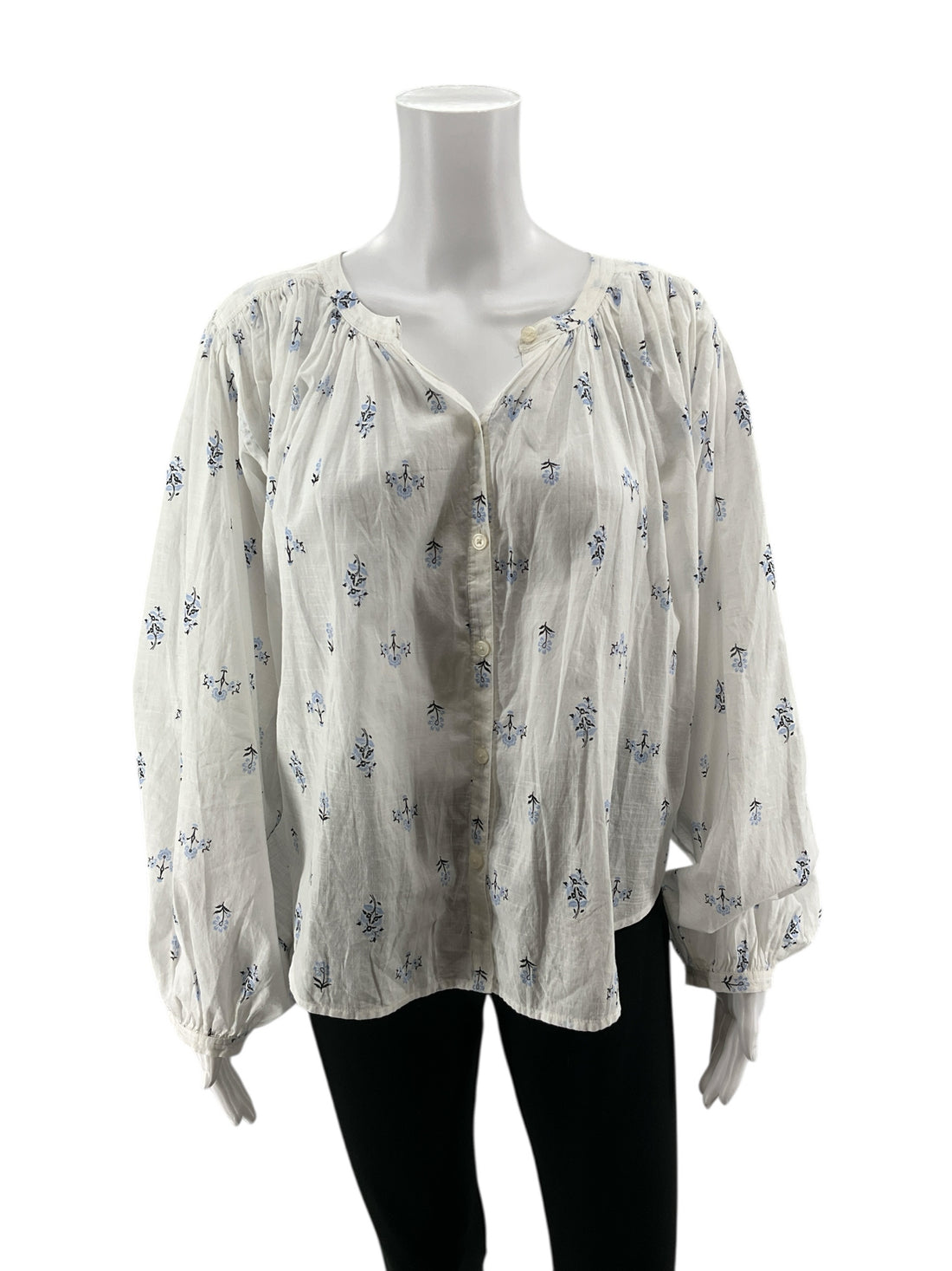 Loft White &amp; Blue Ditsy Floral Peasant Top Cotton Balloon Sleeve Blouse Size Large
