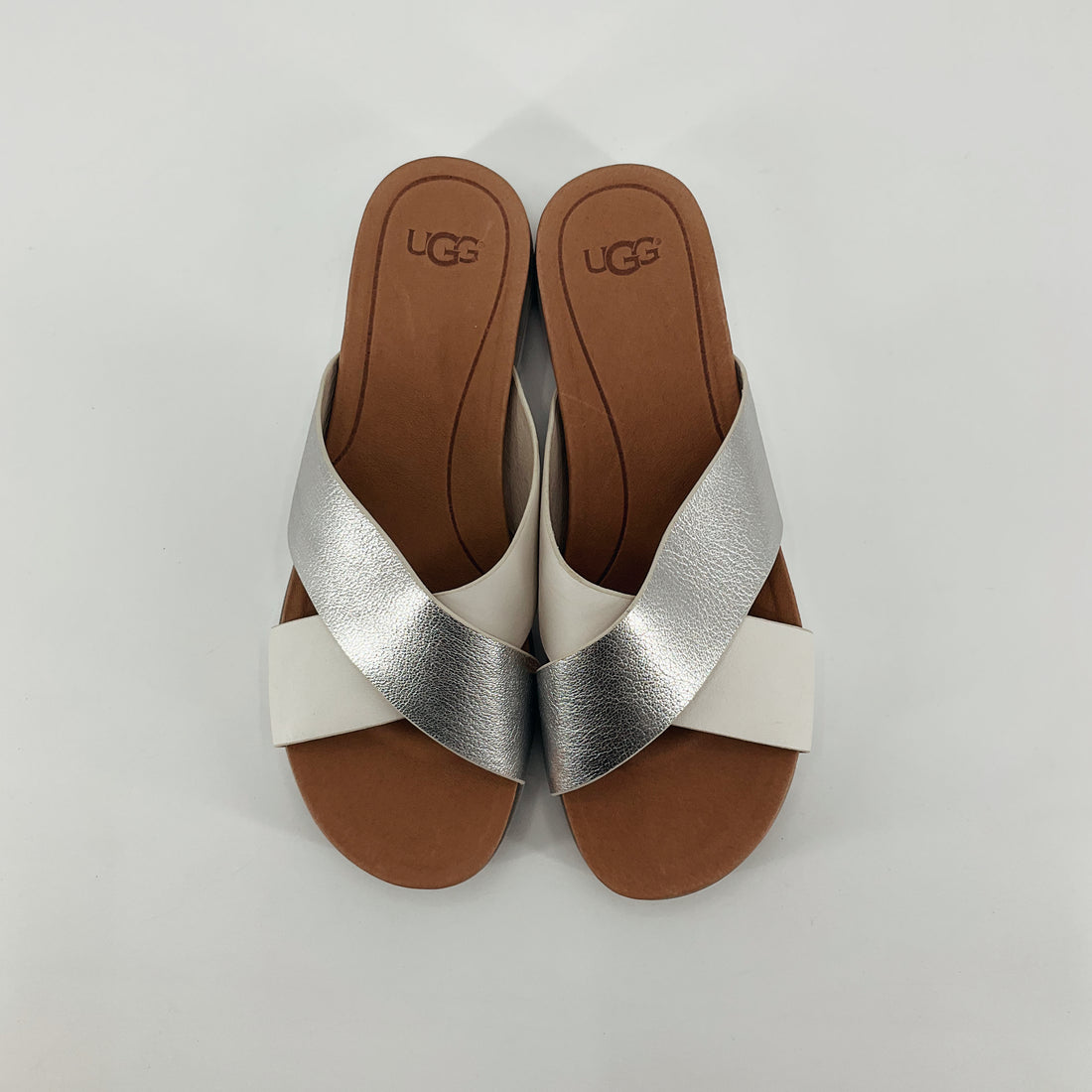 UGG Kari Cross-Strap Leather Slide Sandals White &amp;amp; Silver Size 8 NWT