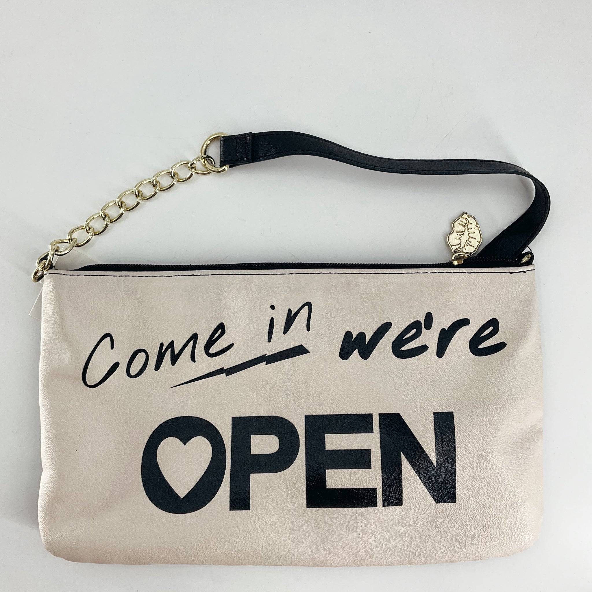 Betsey Johnson Black/White Pre-Owned Crossbody Bag with 'Come in we're OPEN' text, gold chain strap, gently used condition.