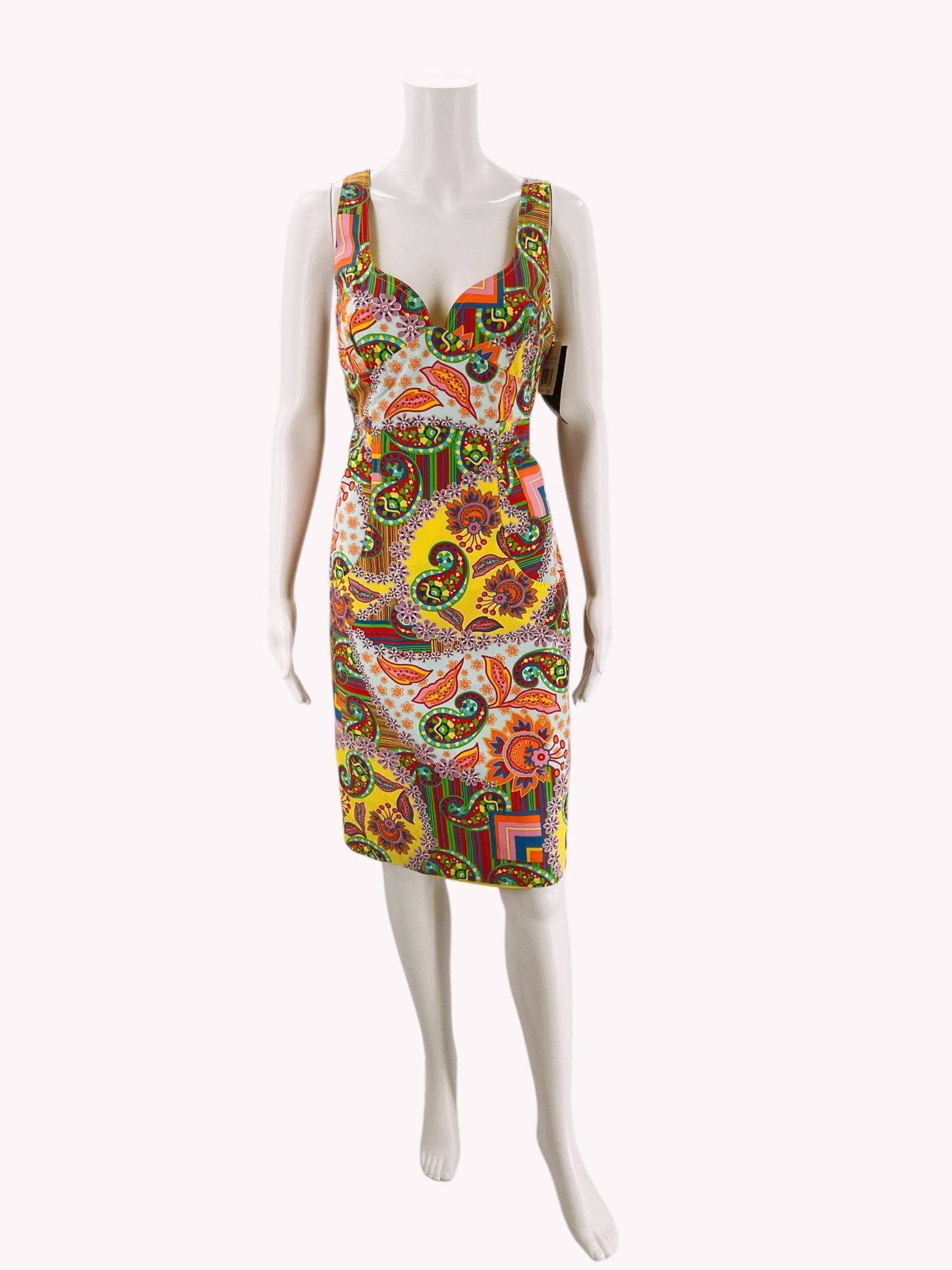 Front view of David Meister sleeveless rainbow print dress size 10 on mannequin, colorful fitted mini dress at Margaret’s Fine Consignments.