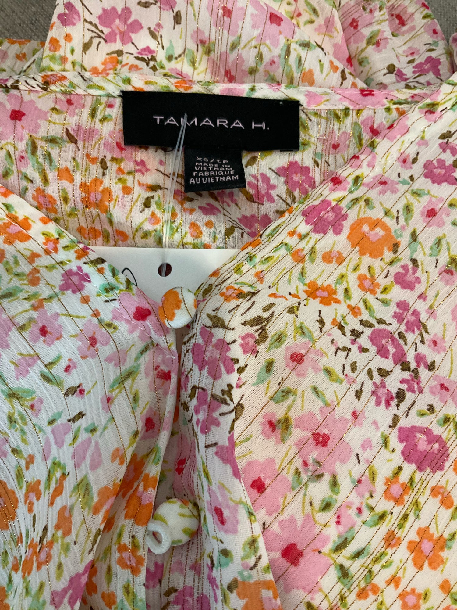 Tamara H. by Tahari white/pink/orange/green/gold Short Sleeve Petite Floral Tie-Front Puff Sleeve Blouse Gold Thread XS - Size XS