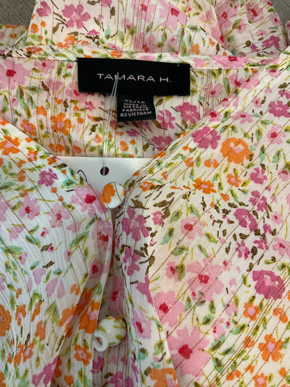 Tamara H. by Tahari white/pink/orange/green/gold Short Sleeve Petite Floral Tie-Front Puff Sleeve Blouse Gold Thread XS - Size XS