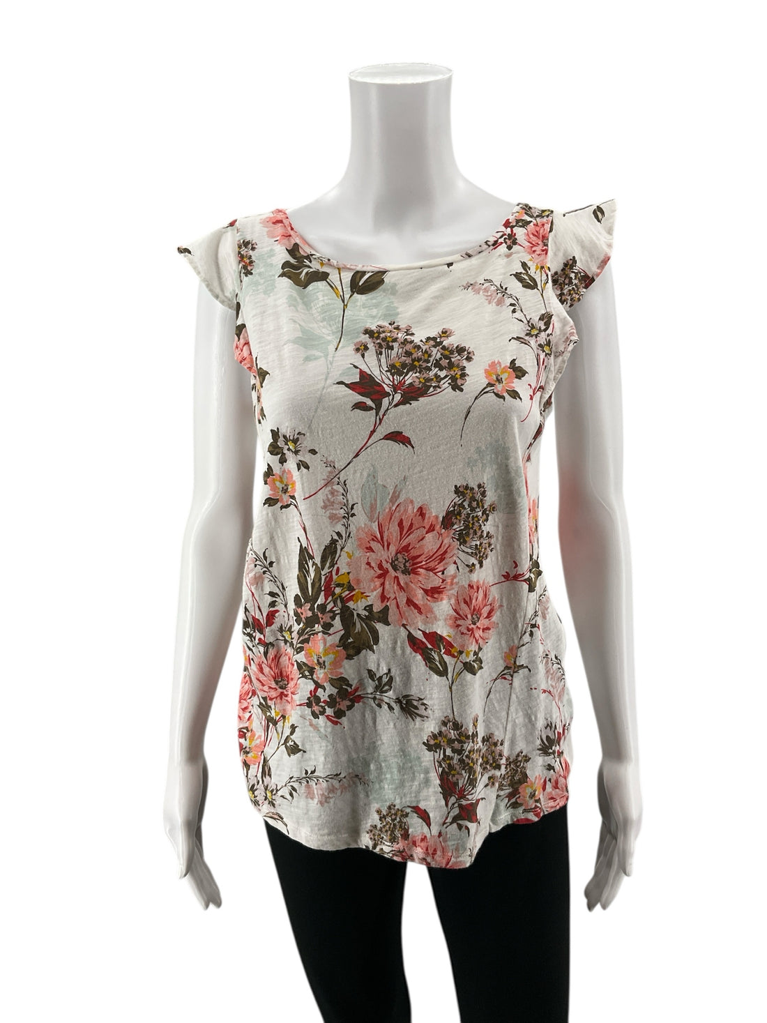 LOFT ecru/brown/orange Sleeveless Vintage Soft Floral Flutter Sleeve Top 100% Cotton Size Small - Size S