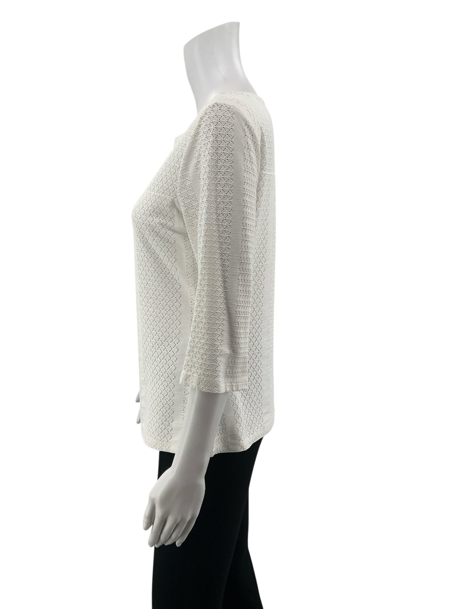 Doncaster White Textured Openwork Knit Top 3/4 Sleeve Size Medium