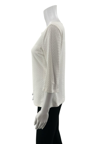 Doncaster White Textured Openwork Knit Top 3/4 Sleeve Size Medium