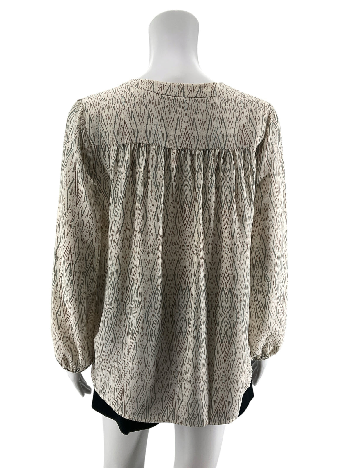 Joie Marru Ikat Diamond Print Silk Blouse Tan Green V-Neck Top Size Small- ONLINE ONLY