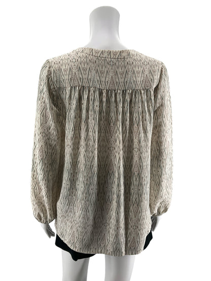 Joie Marru Ikat Diamond Print Silk Blouse Tan Green V-Neck Top Size Small- ONLINE ONLY