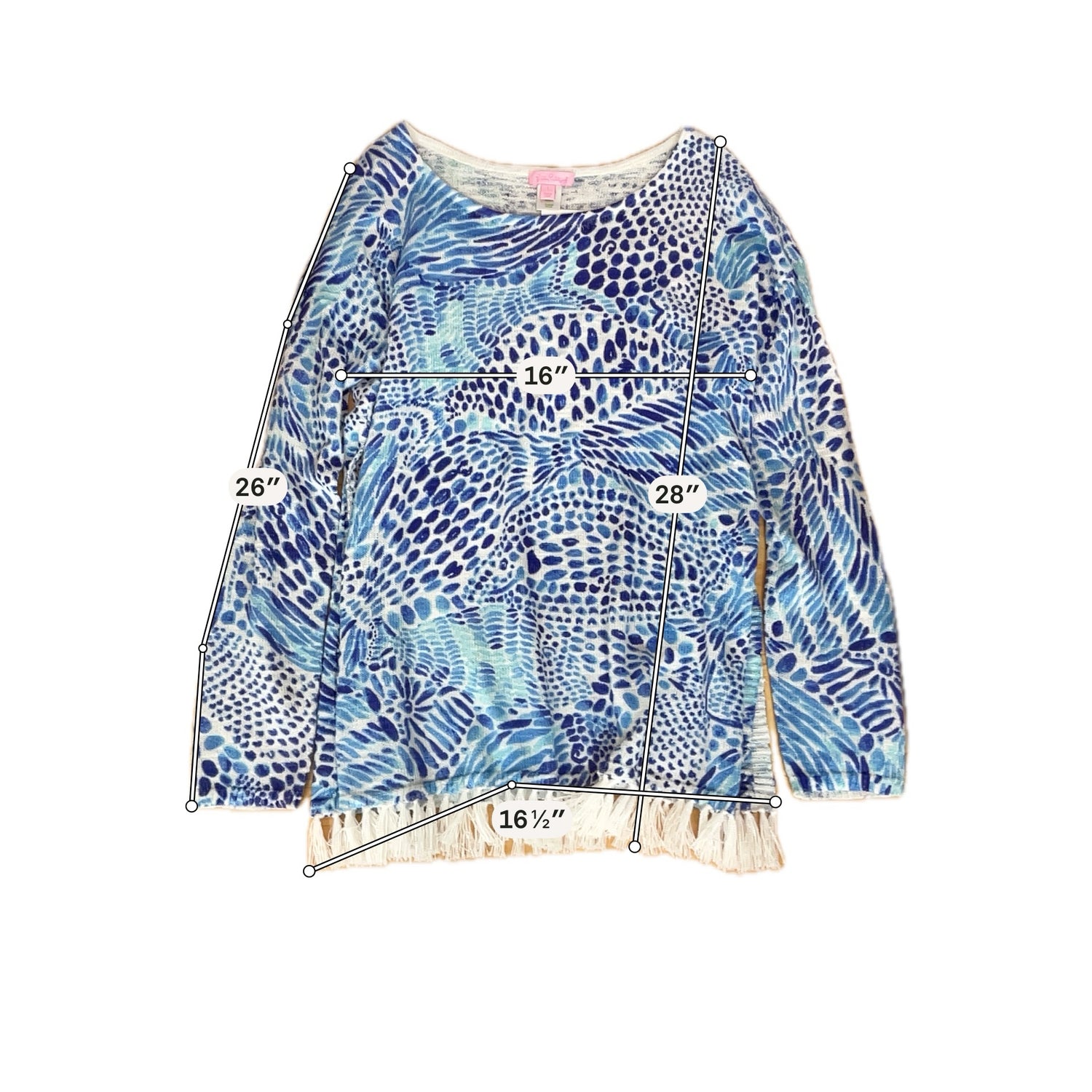 Lilly Pulitzer Tatum Sweater Seas The Day Print Fringe Hem Tunic Top Size Large