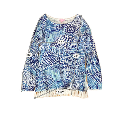 Lilly Pulitzer Tatum Sweater Seas The Day Print Fringe Hem Tunic Top Size Large