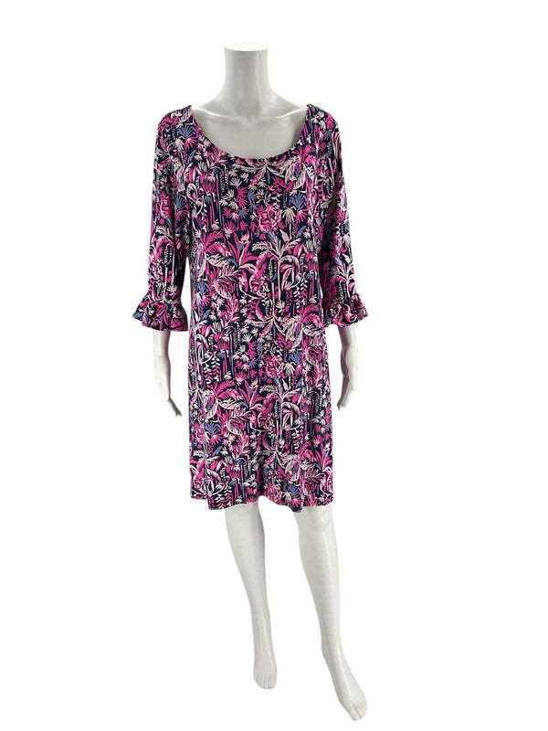 Front view of Lilly Pulitzer Dress Size XL featuring vibrant purple and pink palm tree pattern, pre-owned at Margaret’s Fine Consignments.