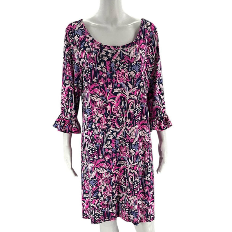 Front view of Lilly Pulitzer Dress Size XL featuring vibrant purple and pink palm tree pattern, pre-owned at Margaret’s Fine Consignments.