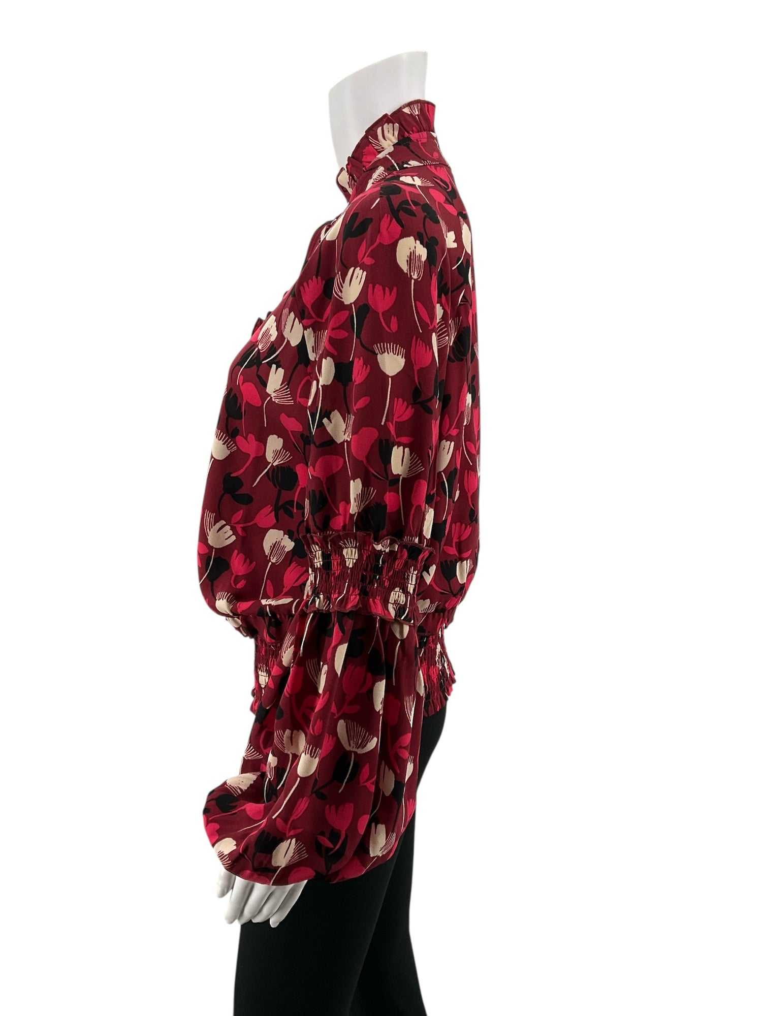 cabi maroon Long Sleeve Ruffle Blouse Floral Smocked Long Sleeve Top Maroon Size S - Size S