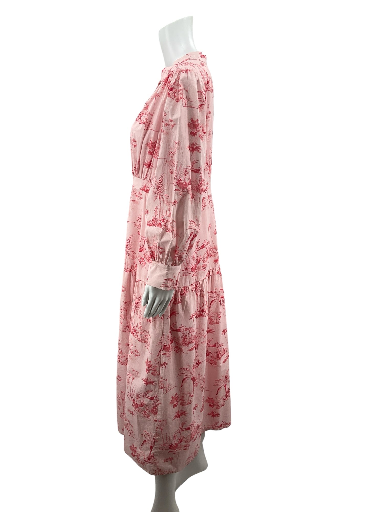 Sugar Lips pink/red Maxi Pink &amp; Red Tropical Toile Print Cotton Midi Shirt Dress Size Large - Size L