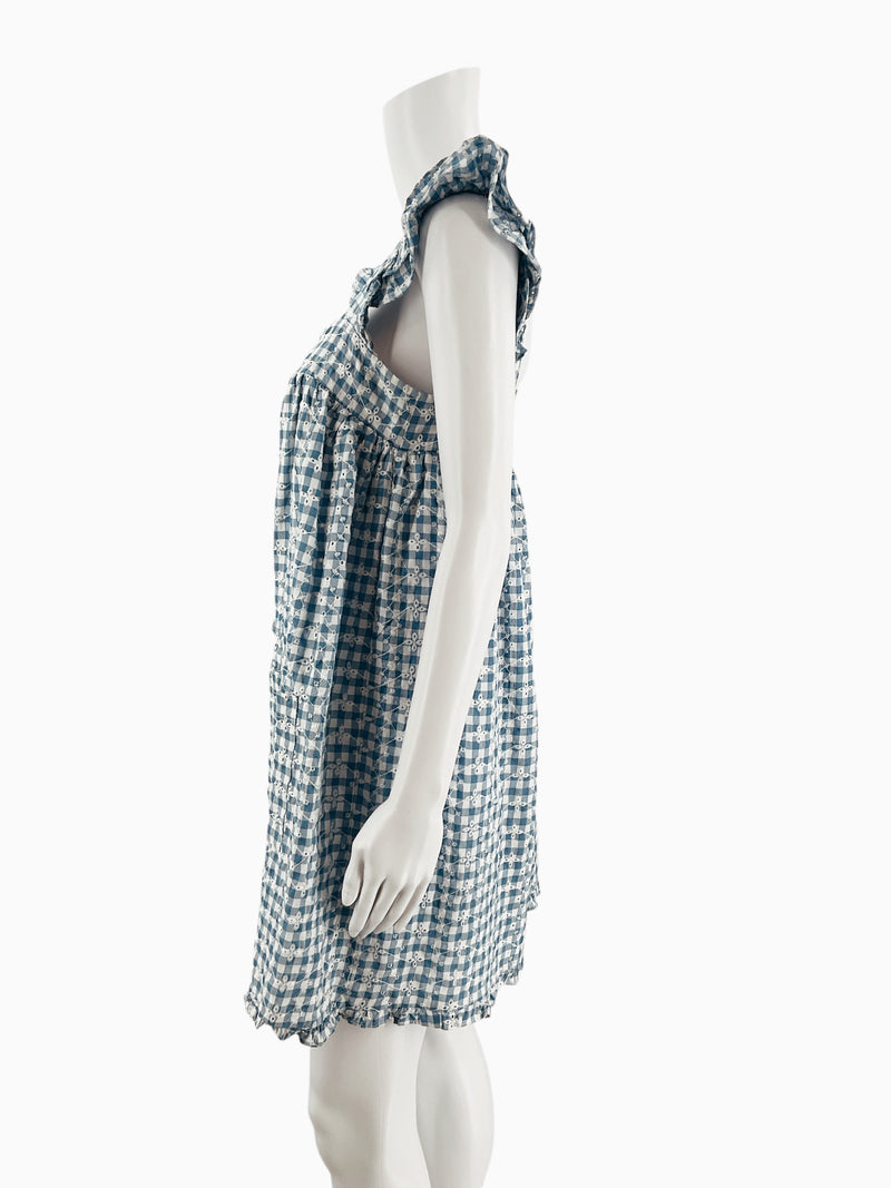 Storia White Blue Checkered Puff Sleeve Dress – Size Small, Excellent Pre-Owned - Margaret’s Fine Consignment