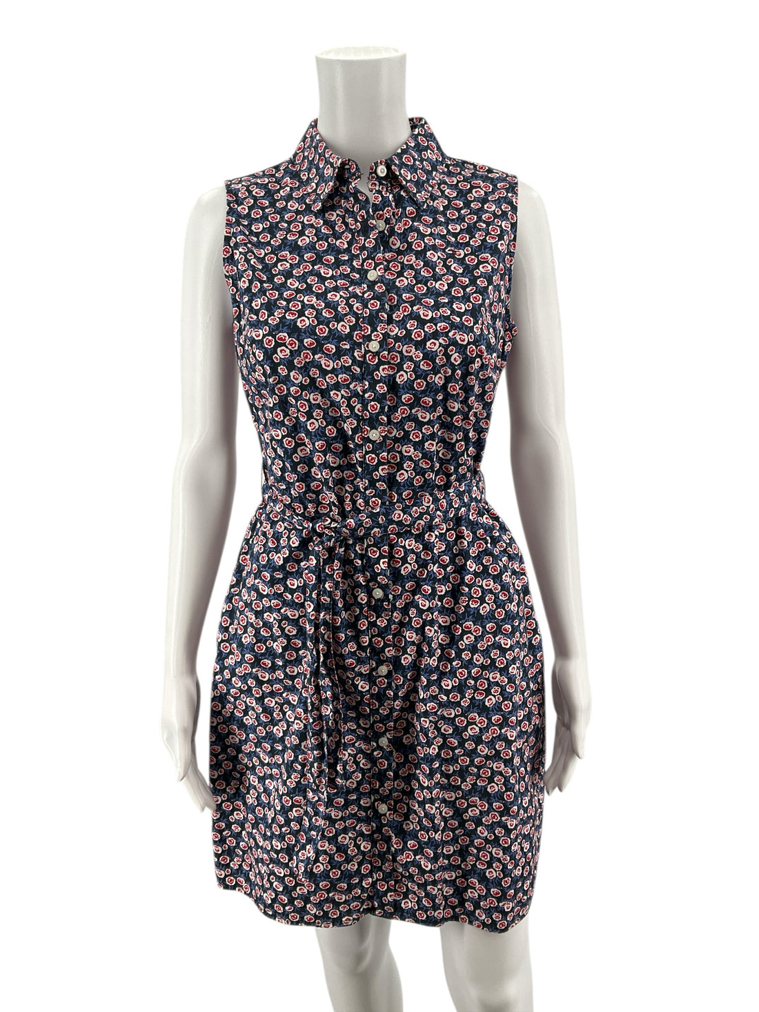 Tommy Hilfiger Navy/red Sleeveless Floral Cotton Shirtdress Navy Red Sleeveless Tie Waist Size 4 - Size 4