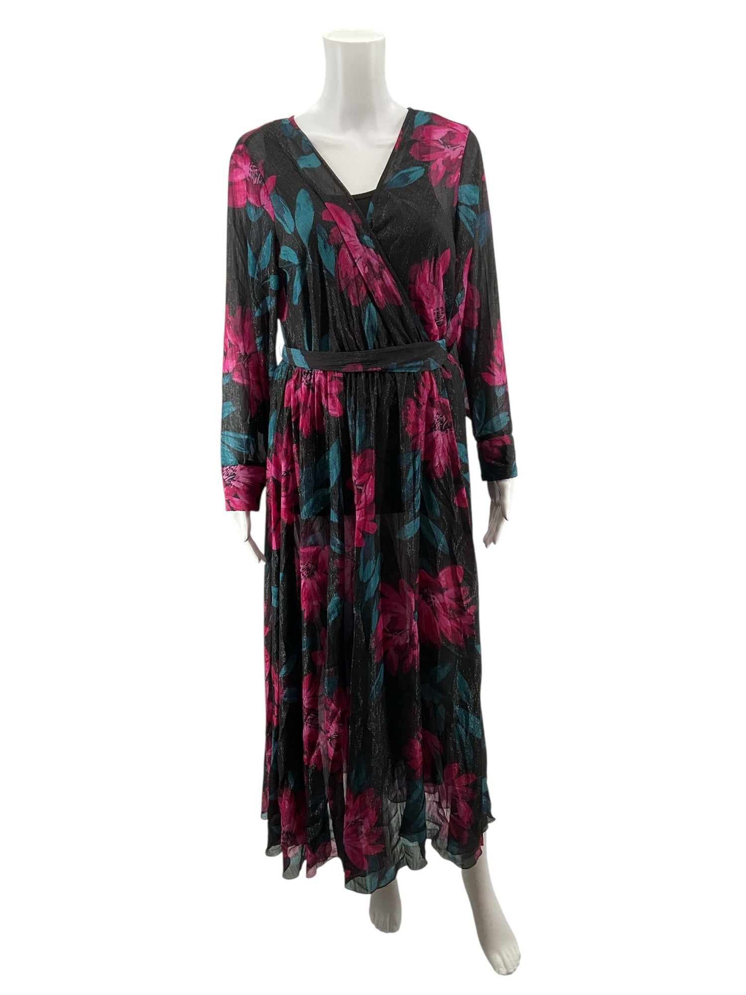 En Focus Petite Floral Lurex Wrap Maxi Dress Black Fuchsia Size 12P