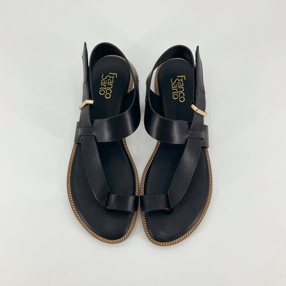 Franco Sarto Talen Black Leather Gold Chain Trim Flat Sandals Size 9.5