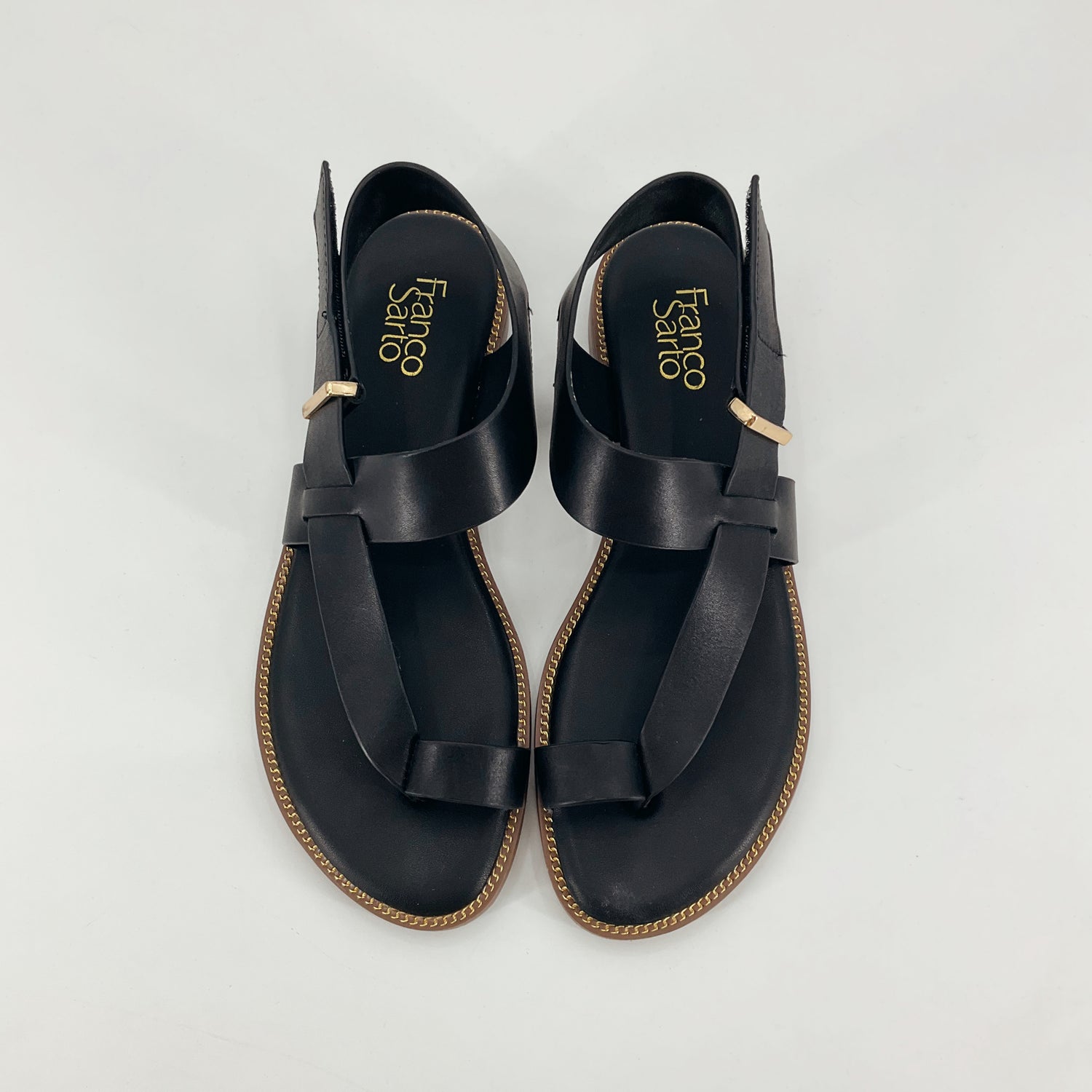 Franco Sarto Talen Black Leather Gold Chain Trim Flat Sandals Size 9.5