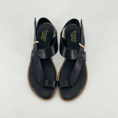 Franco Sarto Talen Black Leather Gold Chain Trim Flat Sandals Size 9.5
