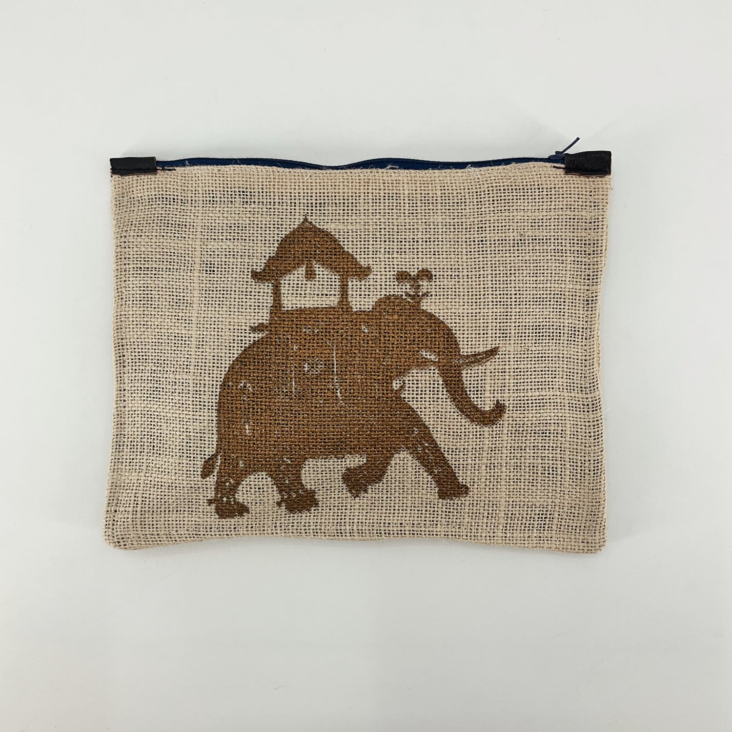Burlap Elephant Print Zip Pouch | Tan Jute Cosmetic Travel Bag