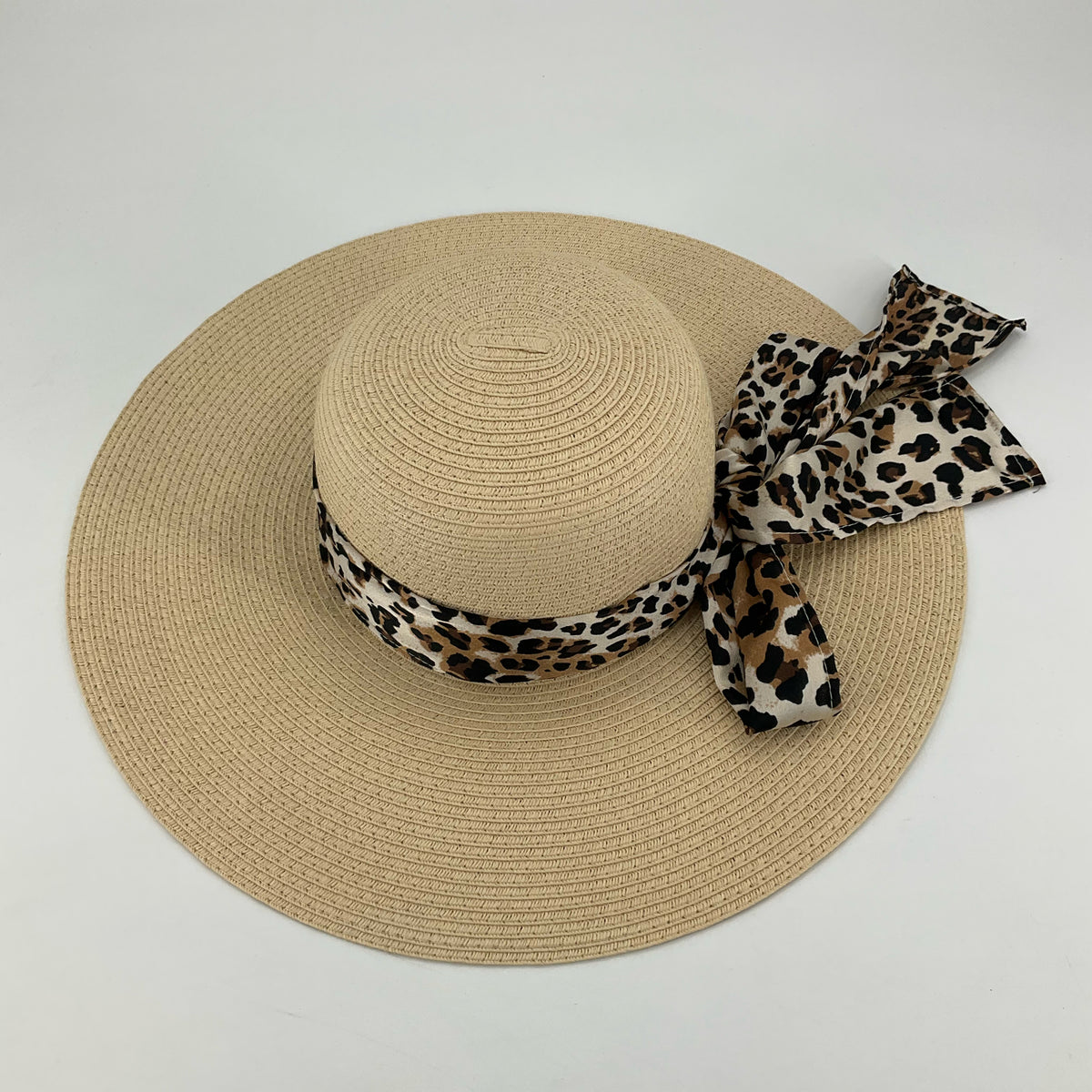 Wide-Brim Straw Sun Hat with Leopard Print Bow - ONLINE ONLY