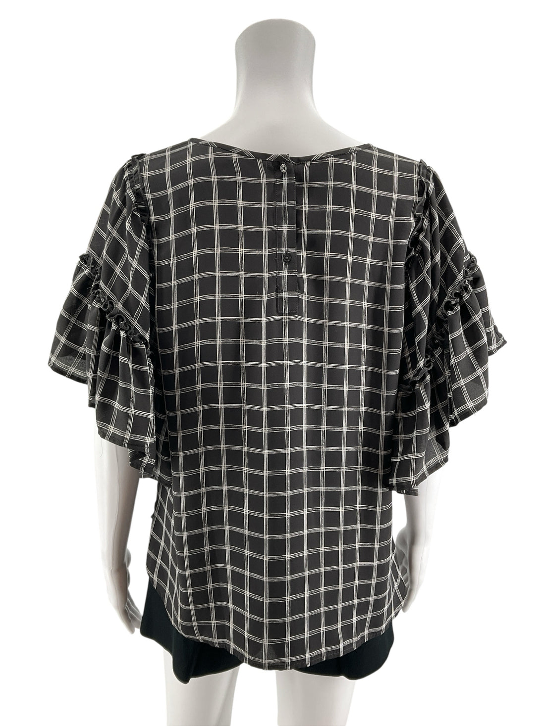 LOFT Outlet Petite Gray &amp; White Checkered Ruffle Flutter Sleeve Blouse