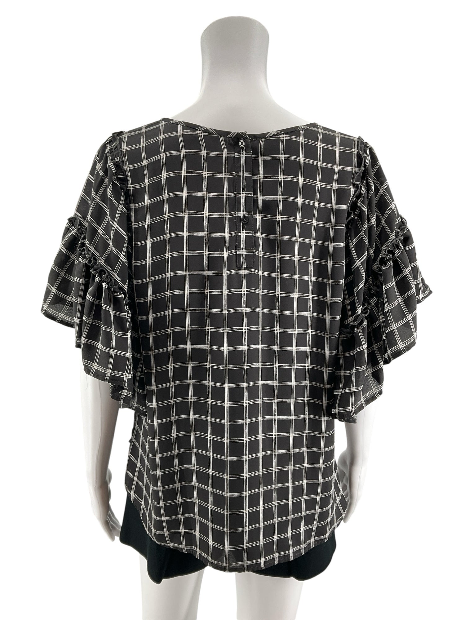 LOFT Outlet Petite Gray &amp; White Checkered Ruffle Flutter Sleeve Blouse