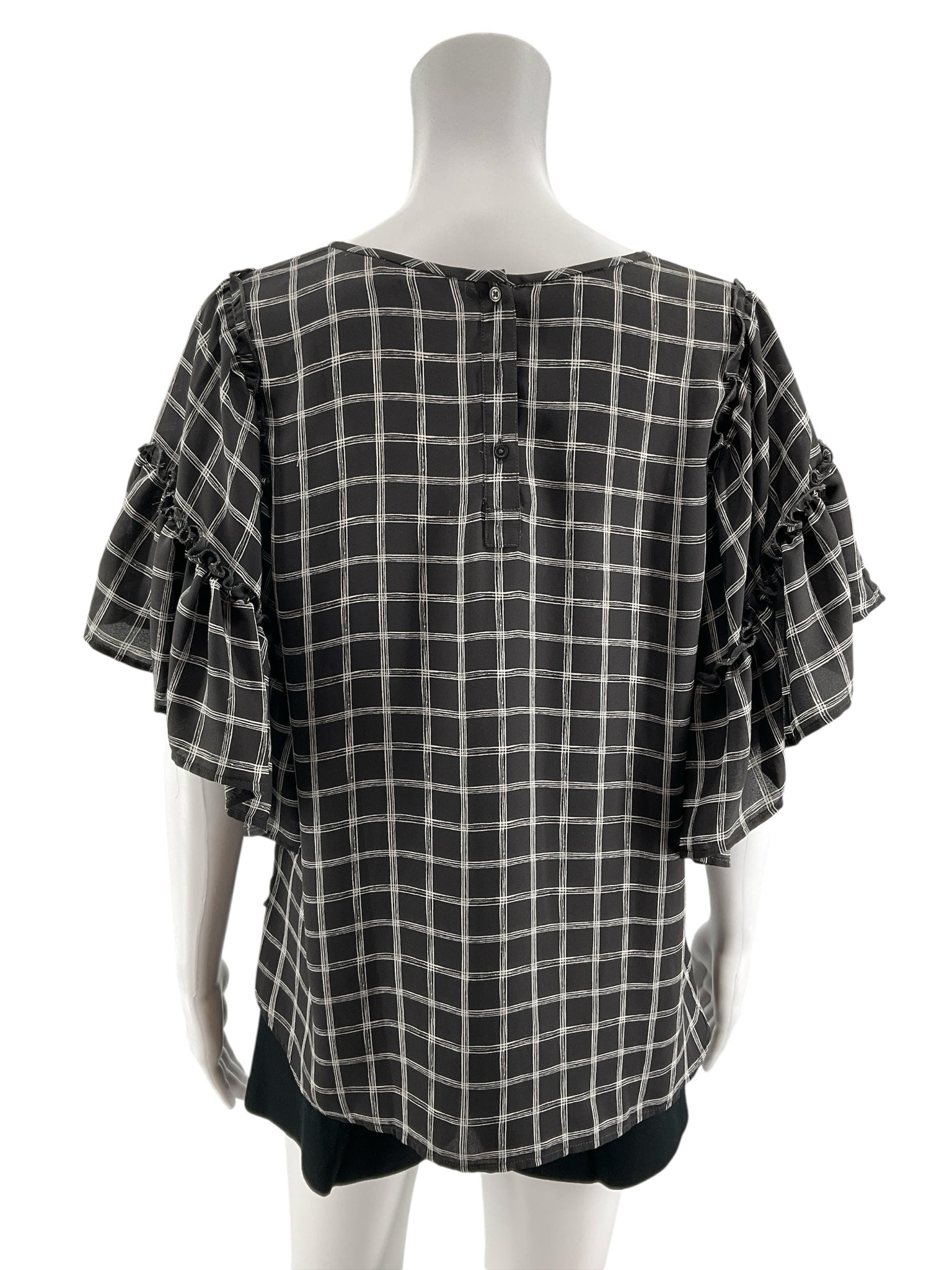 LOFT Outlet Petite Gray &amp; White Checkered Ruffle Flutter Sleeve Blouse