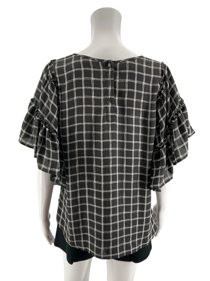 LOFT Outlet Petite Gray &amp; White Checkered Ruffle Flutter Sleeve Blouse
