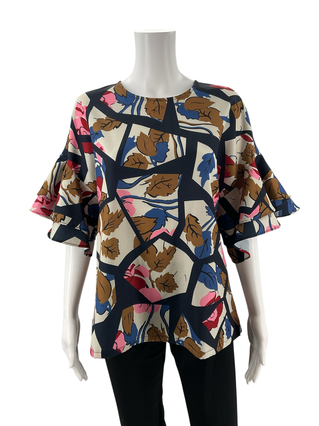 Jade Navy/White/Pink/Brown Print Pre-Owned Ladies Top - Size Medium