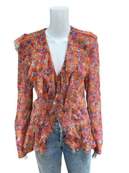 Free People Size S Orange/Pink/White Floral Blouse - Downstairs