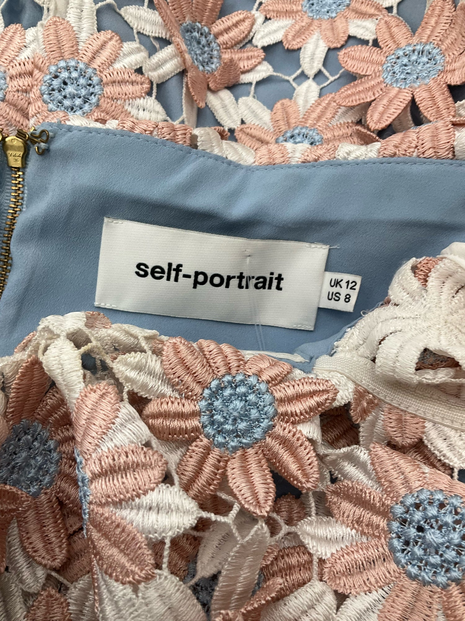 Self-Portrait blush/blue Mini Felicia Daisy Guipure Lace Off-Shoulder Mini Dress Size 8 - Size 8