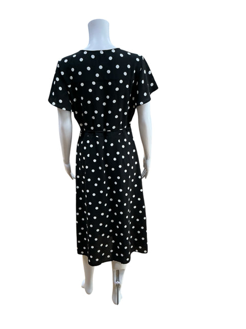Leith Black &amp; White Polka Dot Faux Wrap Midi Dress Size Medium - ONLINE ONLY
