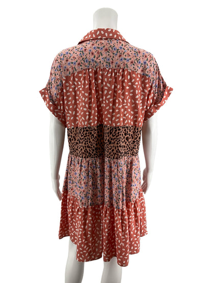 Umgee USA Mixed Print Tiered Babydoll Mini Dress Salmon Floral Leopard Size Small
