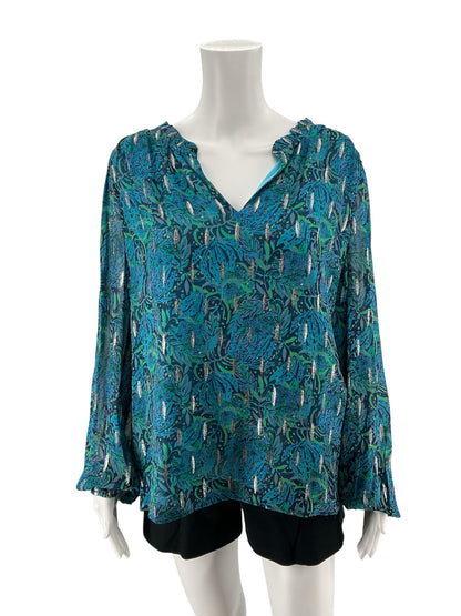 Lilly Pulitzer Kade Top Borealis Blue Wild Within Metallic Blouse Size L